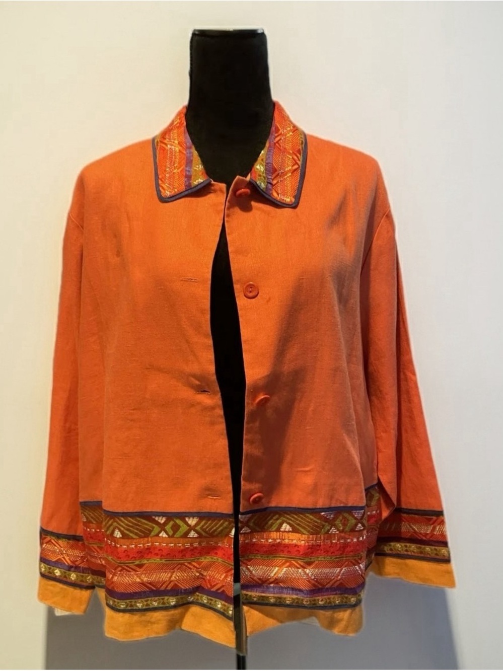Coldwater Creek Button Up Linen Blend Blazer Jacket Orange Aztec Women’s Size S